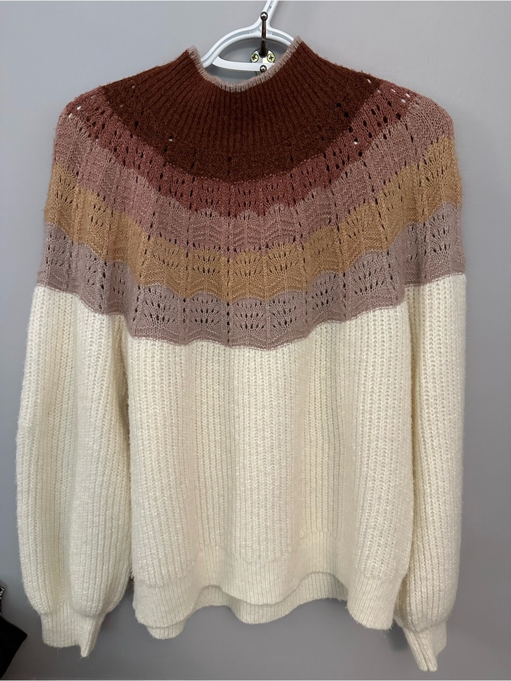 Maurice’s Cozy Colorblock Funnel Neck Sweater - Cream with Brown, Pink & Tan